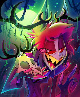 Colorful digital art of Alastor from Hazbin Hotel with antlers holding a deer skull in a dark forest scene