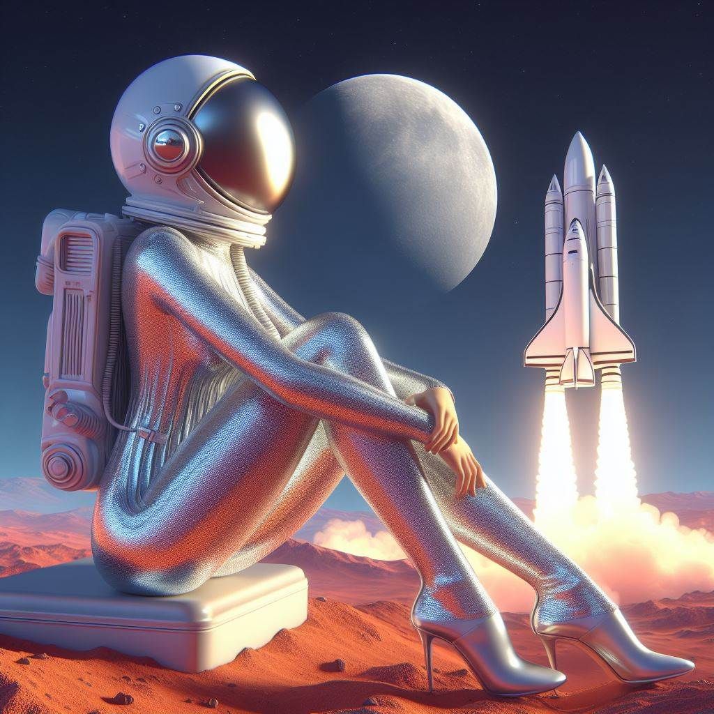 Female astronaut seated on a red alien planet with a rocket launch and large moon behind her