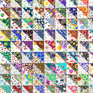 Colorful patchwork collage of many patterned triangular blocks arranged like a quilt