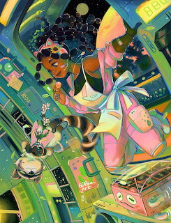 Illustration of girl floating in colorful zero-gravity space with objects around her