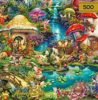 Colorful fantasy village with giant mushroom houses, waterfalls, fairies and animals in enchanted forest