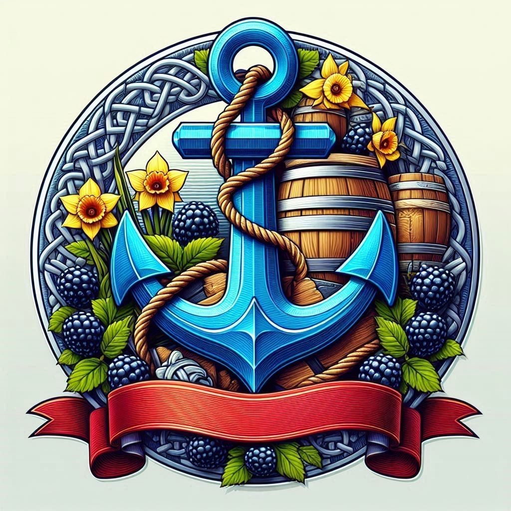 Ornate blue anchor emblem with sunflowers, barrels, and Celtic border on cream background