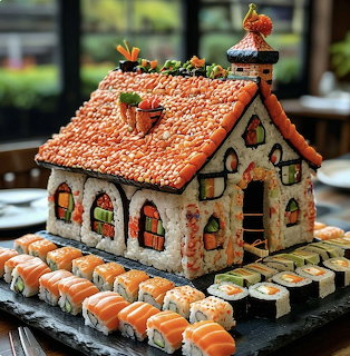 Creative sushi house with rice roof, nori walls, salmon details, surrounded by sushi rolls on black serving platter