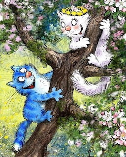 Cartoon blue cat and white cat with flower crown climbing a blossoming tree