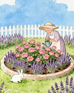 Grandmother Watering Garden