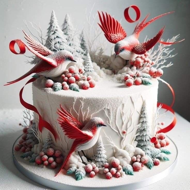 White tiered cake decorated with red cardinal birds, miniature winter trees, frosted berries, and ornamental spheres