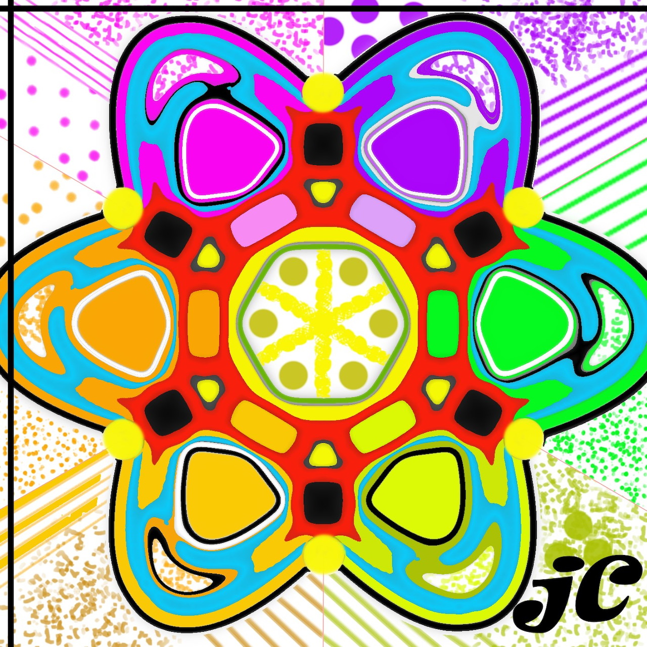 Colorful symmetrical mandala with five rainbow petals and geometric designs on dotted background