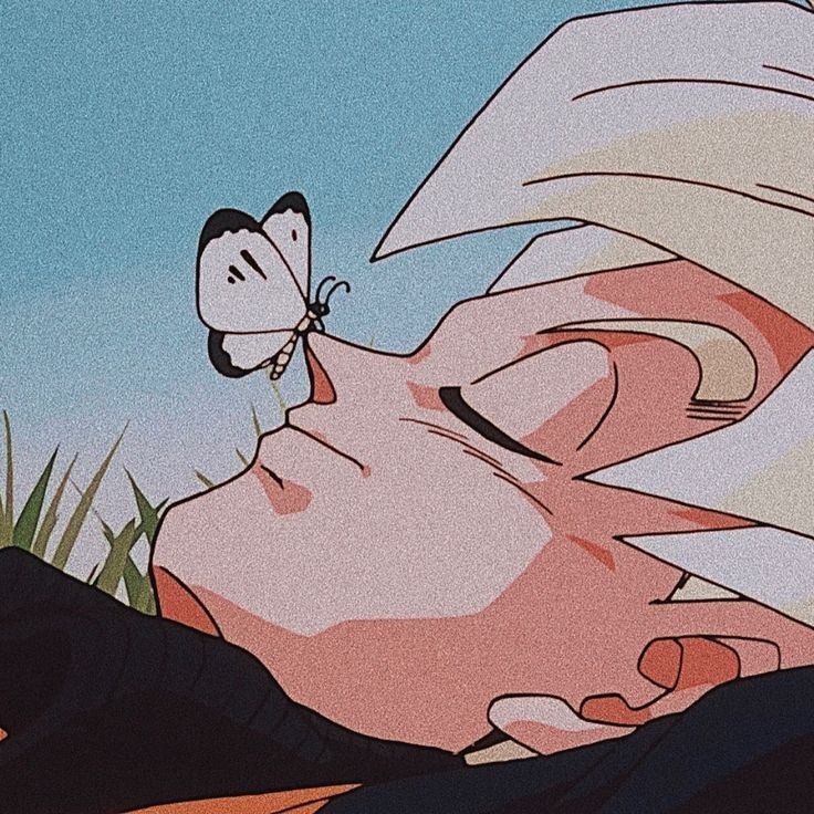 Anime close-up of Son Goku lying down with a butterfly on his face