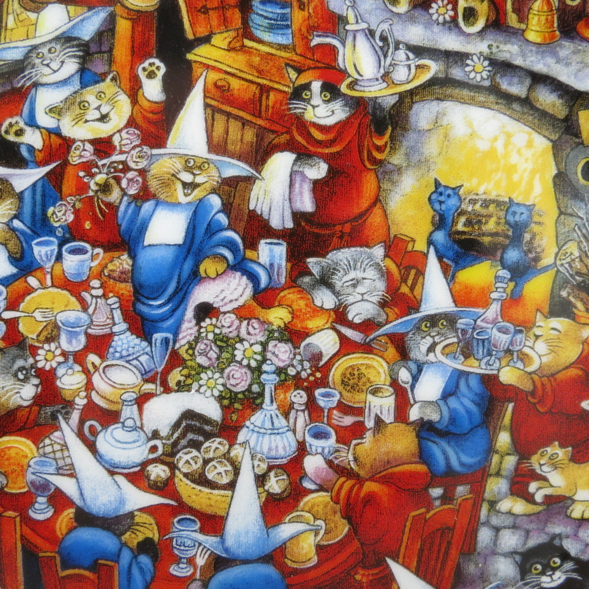 Cartoon cats in festive clothes cooking and celebrating Christmas in a cluttered kitchen with ornaments and treats