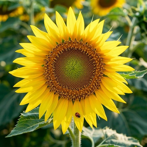 Bright yellow sunflower with brown center disk in full bloom against green blurred background