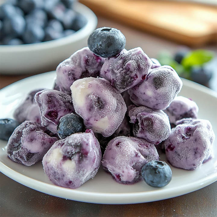 Frozen blueberry yogurt clusters on a white plate with blueberries in the background