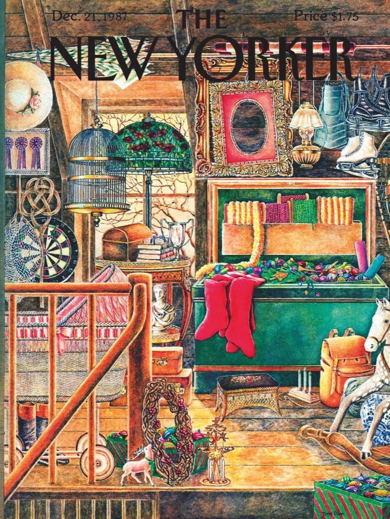 Illustration of a cozy attic room with vintage furniture and books in New Yorker cover style.