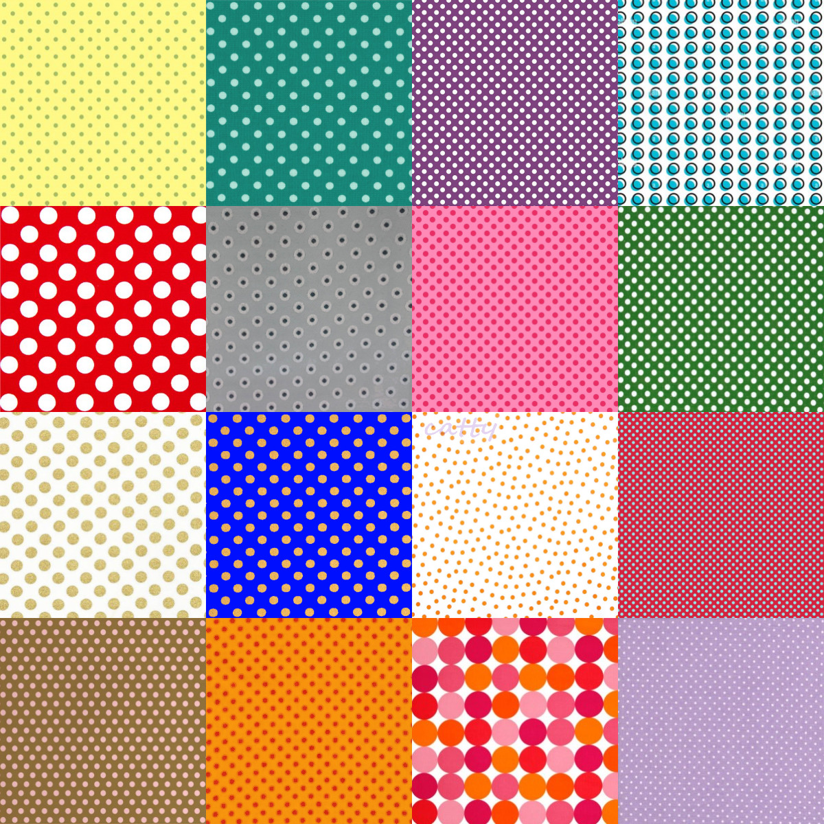 Grid of 16 colorful squares with various polka dot patterns in different colors and sizes