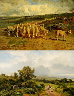 Two pastoral paintings depicting flocks of sheep with shepherds in countryside settings