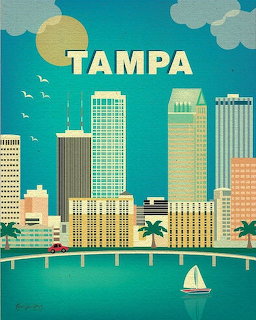 Retro illustration of Tampa skyline with skyscrapers, palm trees, sailboat, and teal sky