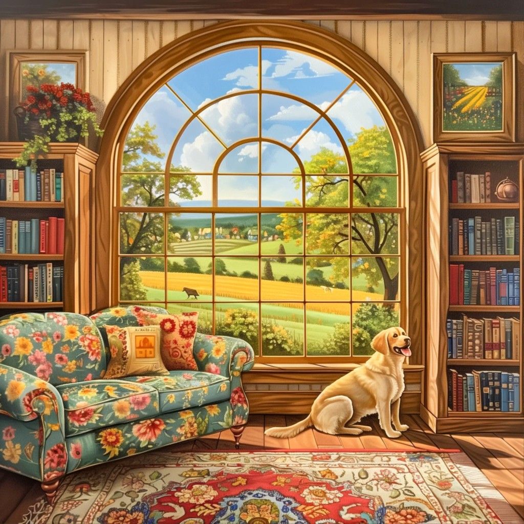 Reading room interior with floral sofa, golden retriever, bookshelves, and arched window with countryside view