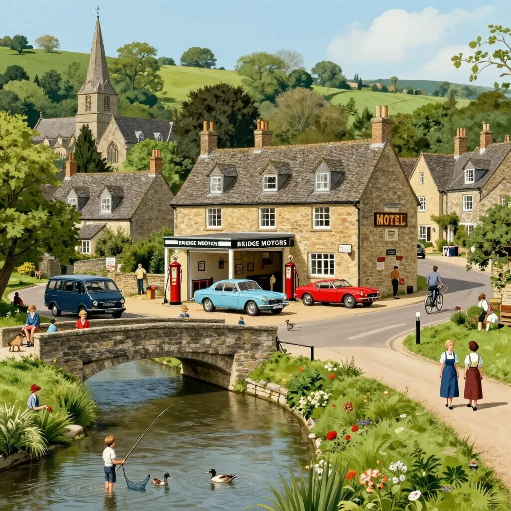 Picturesque English village with stone bridge, church, cottages, and people by a stream under blue sky