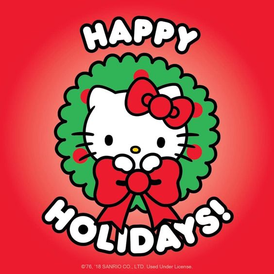 Hello Kitty in green Christmas wreath with red bow on red background