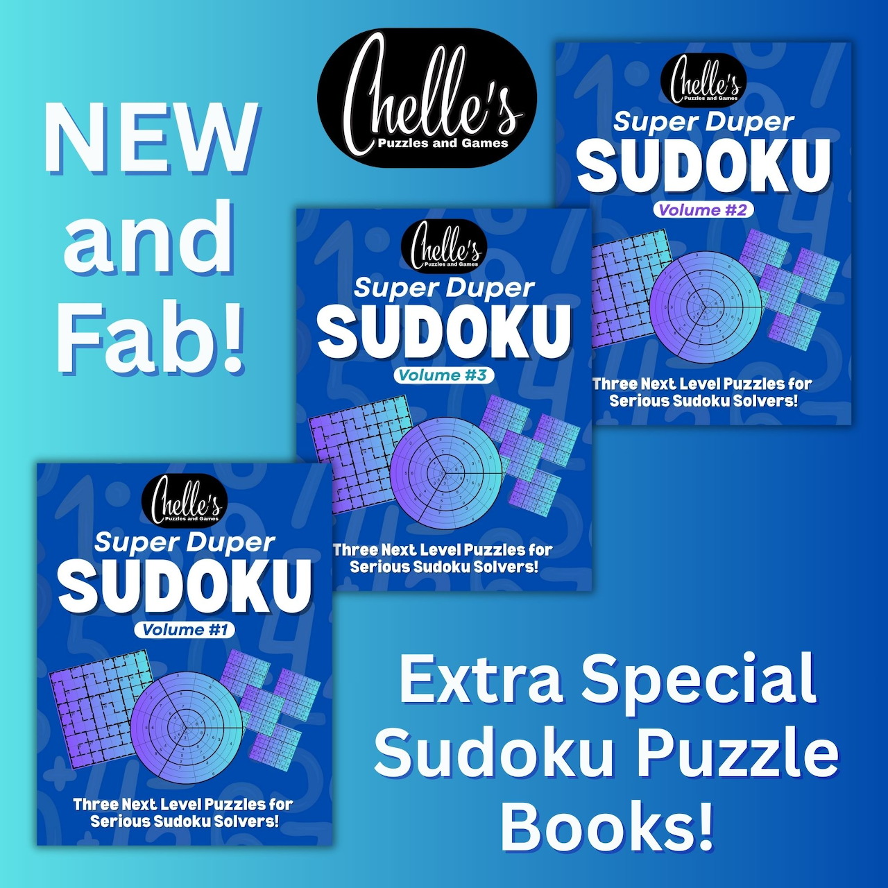 Graphic of three sudoku puzzle books on a blue background with white promotional text
