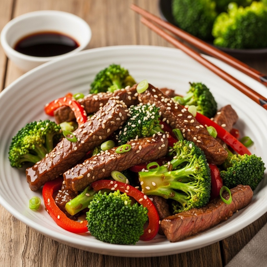 Bowl of stir-fried beef with broccoli, red peppers, sesame seeds, chopsticks and soy sauce on wooden surface