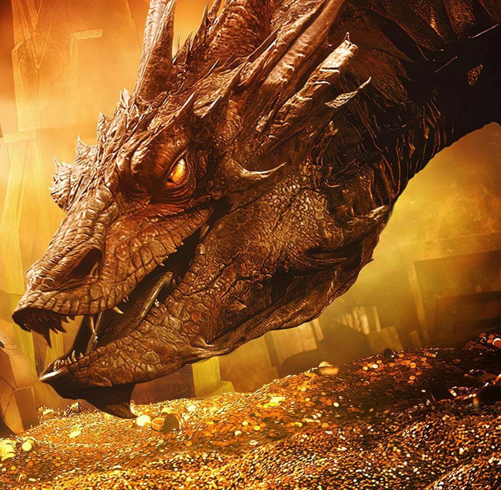 Close-up of a dragon head above a glowing treasure hoard in a fiery cave