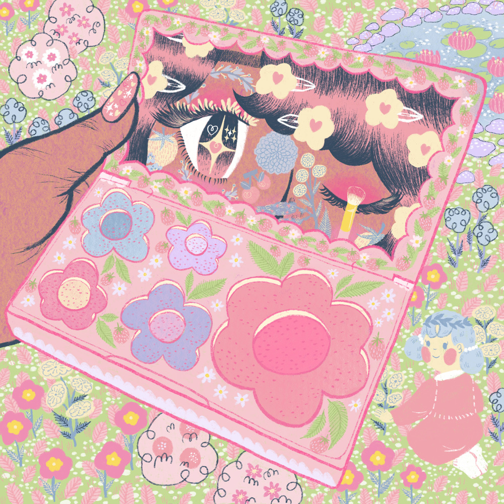 Pastel illustration of an open pink makeup compact decorated with flowers and makeup items