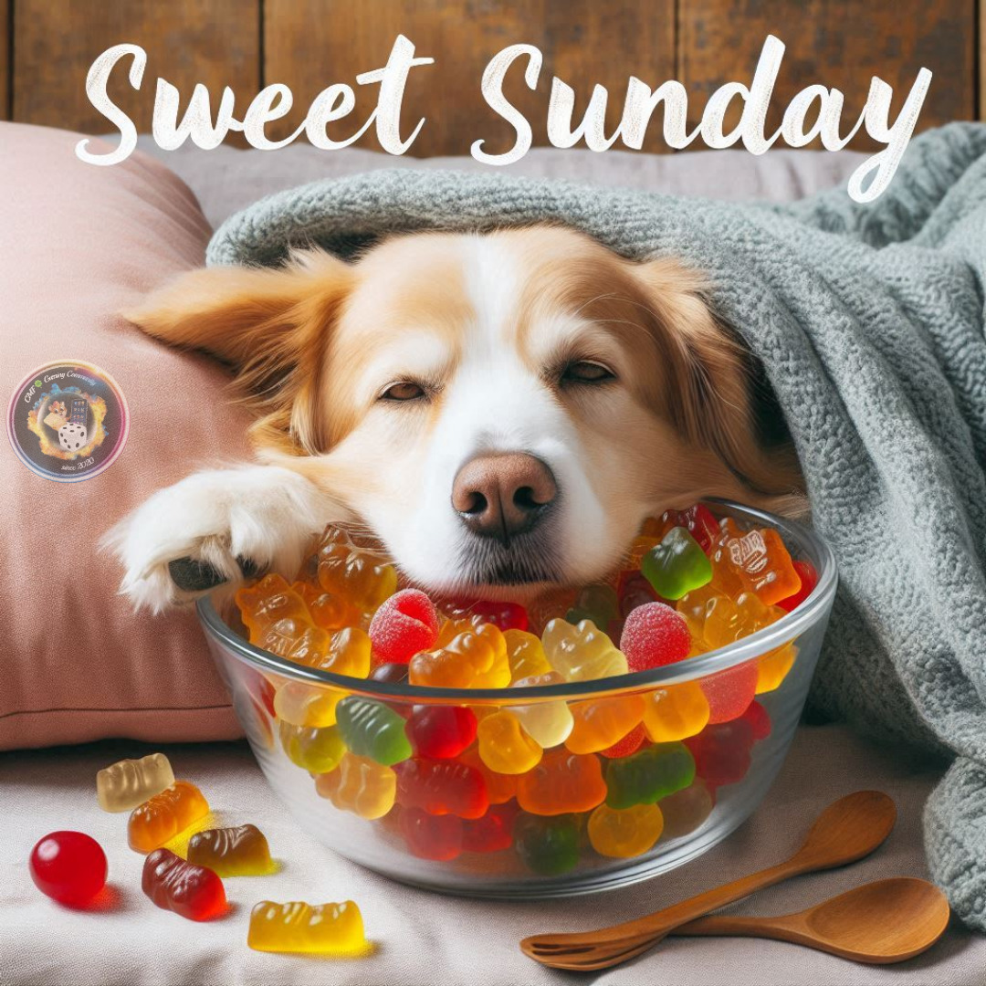 Slepy dog with head resting near a glass bowl of colorful gummy bear candies under a gray blanket