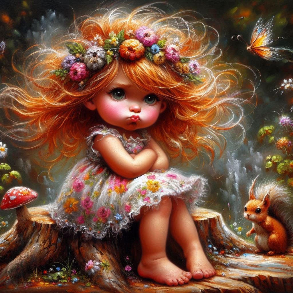 Whimsical big-eyed girl with orange hair sitting on a tree stump beside a squirrel in a dreamy forest