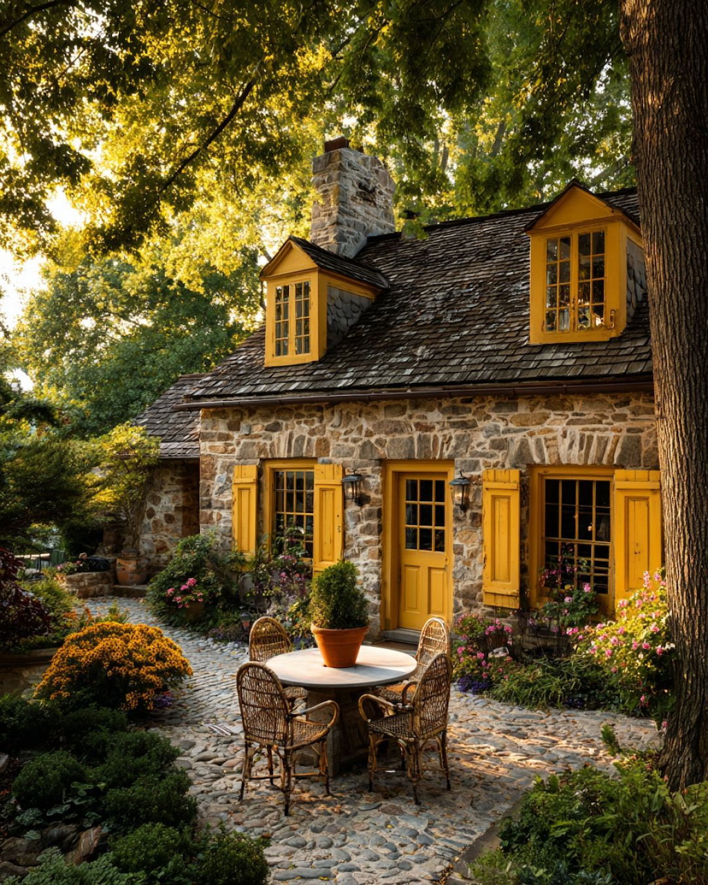 Stone Cottage Yellow Shuters