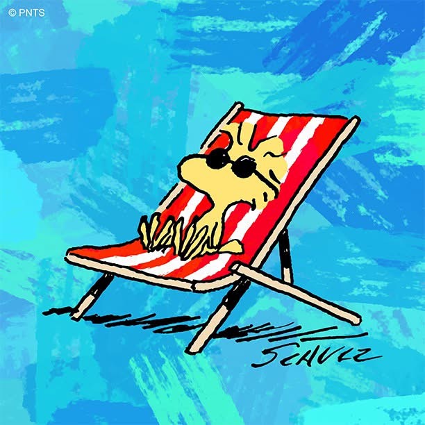 Woodstock cartoon bird lounging on striped beach chair with blue background