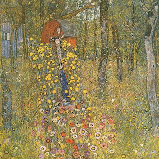 Klimt painting of flower garden path with crucifix and birch trees in golden ornamental style