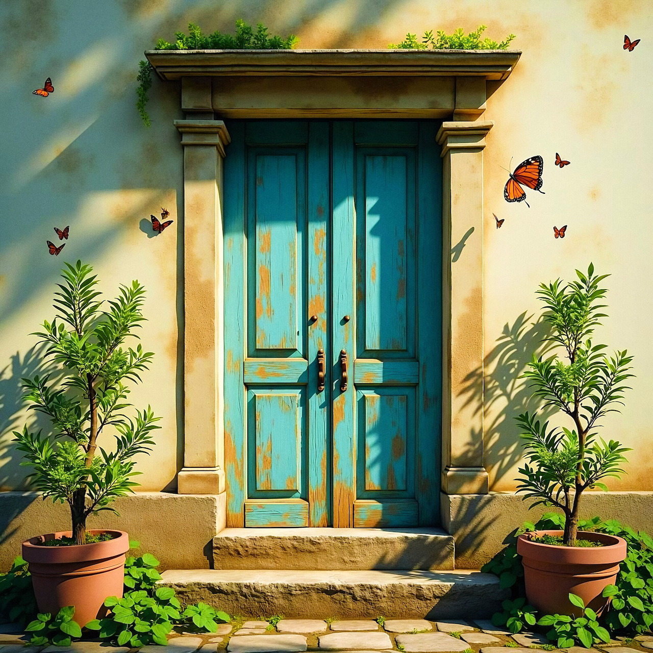Turquoise wooden door with potted trees on stone steps and butterflies flying around