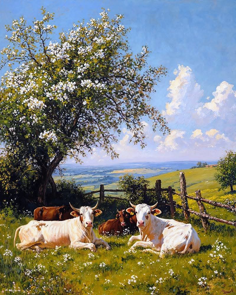 Painting of cows lying in a grassy hillside meadow with wildflowers, a tree, and a rustic fence