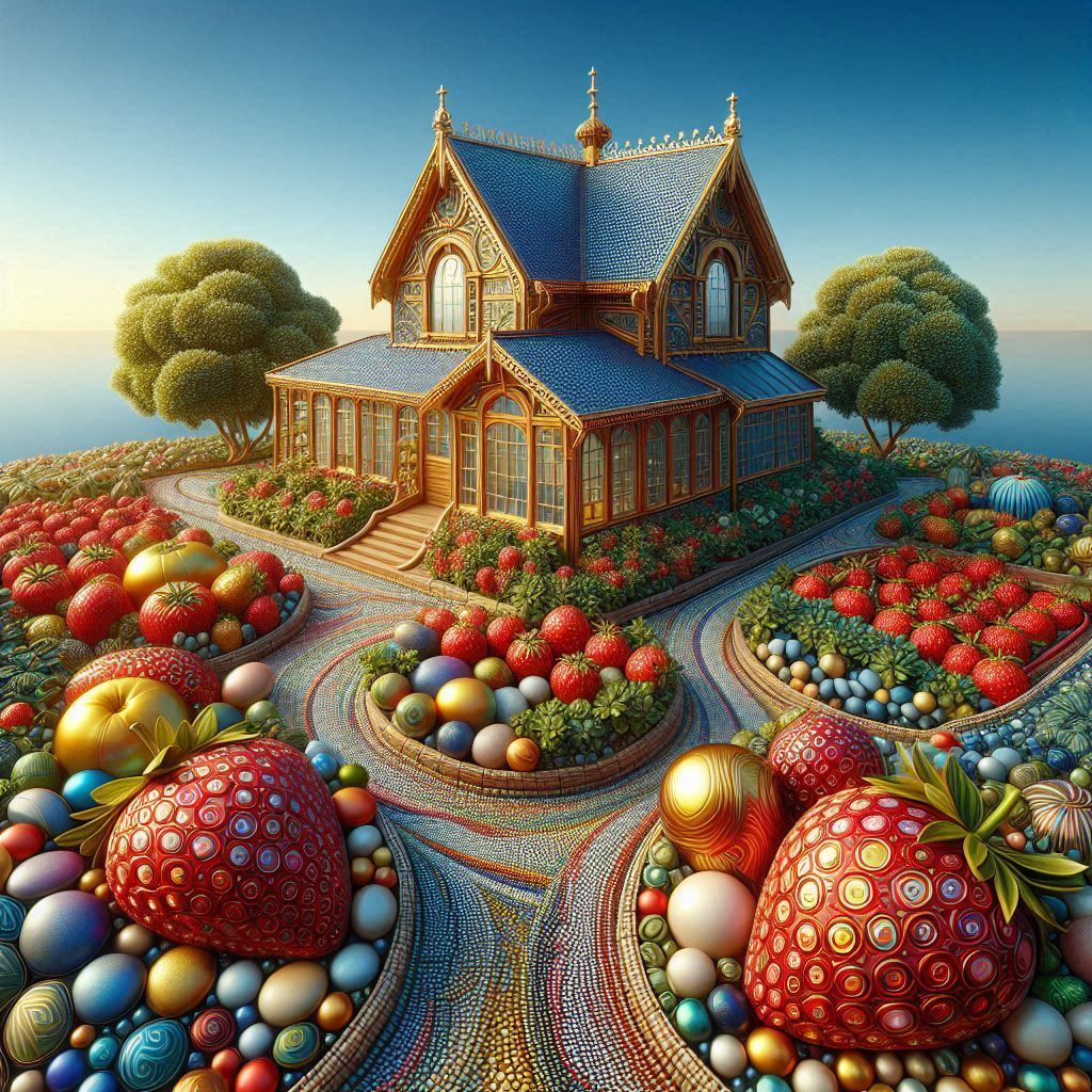 Fantasy cottage with ornate gardens featuring oversized strawberries and colorful mosaic vegetable beds