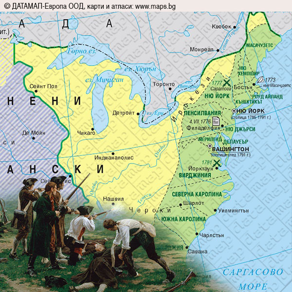 Historical map of American Revolution with colonial soldiers and settlers illustrated in foreground