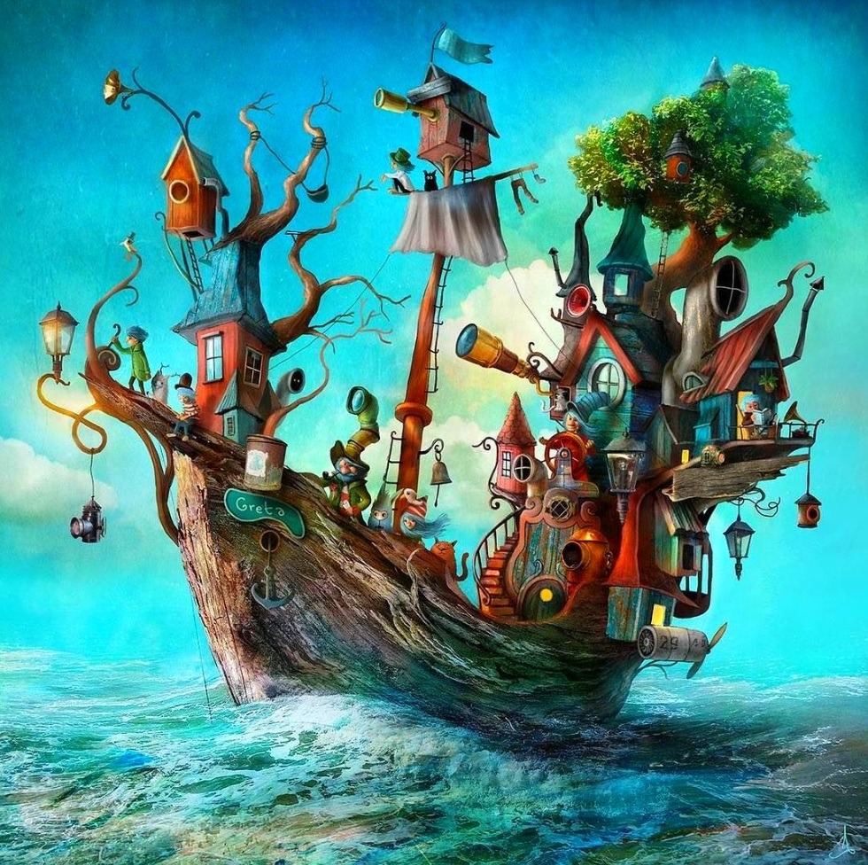 Fantasy ship covered with small houses, trees, and ladders sailing on blue-green ocean under bright sky