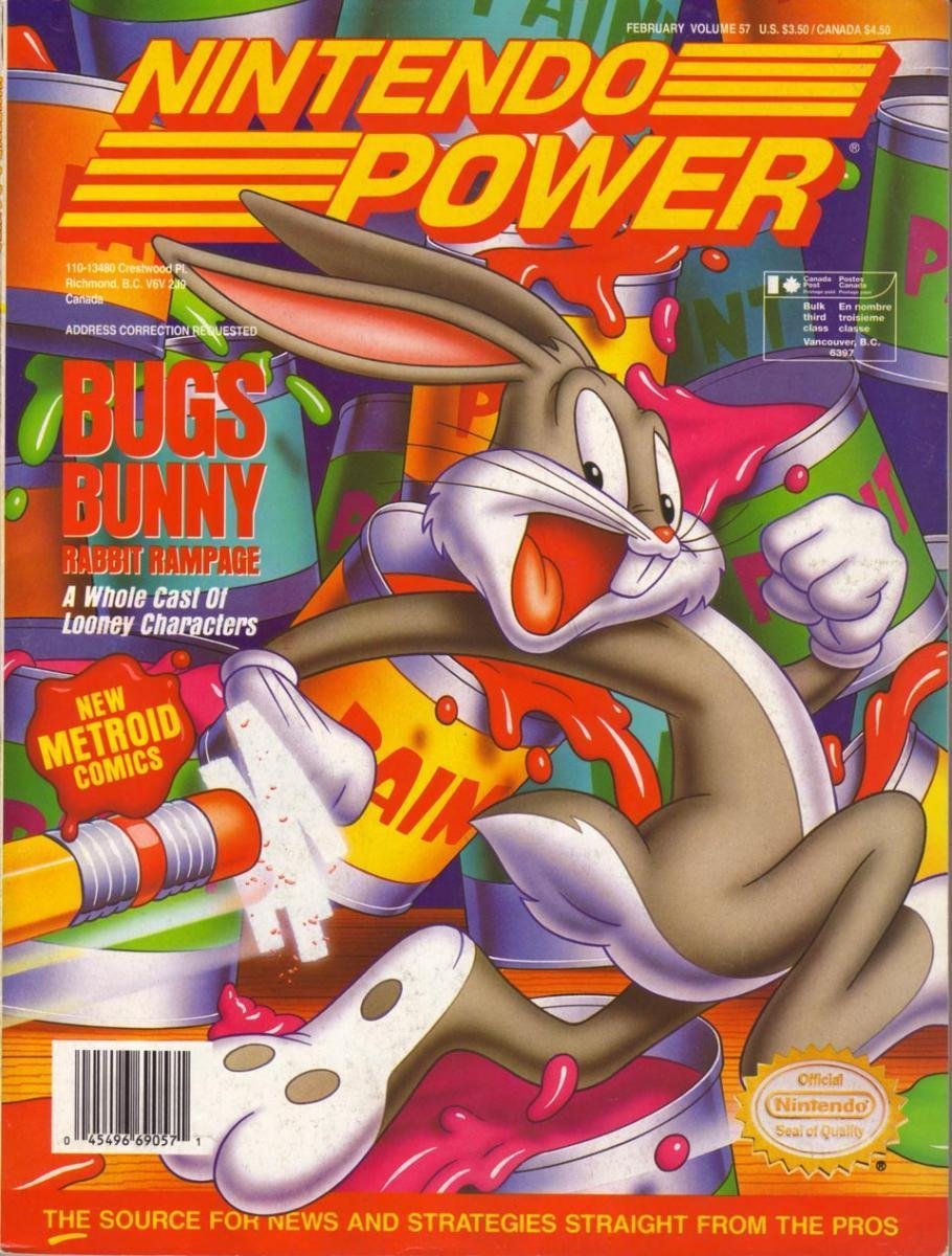 Nintendo Power magazine cover issue 57 with Bugs Bunny Rabbit Rampage cartoon artwork