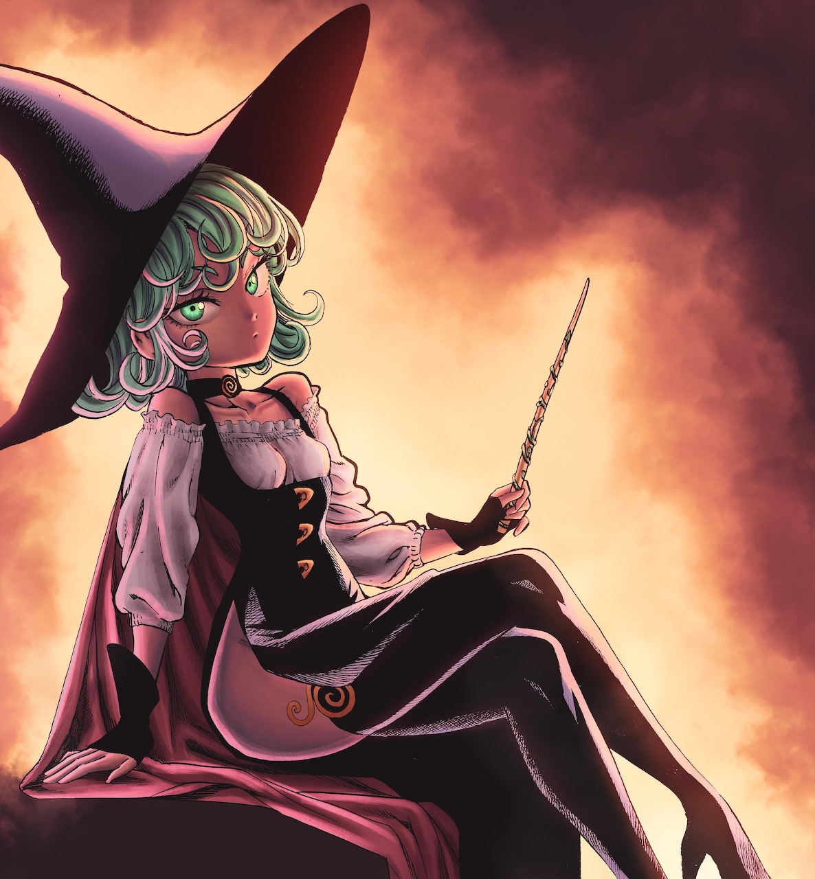 Anime girl Tatsumaki in witch outfit with hat and broom