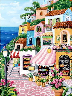 Colorful coastal village with pastel houses, flower market, and ocean backdrop