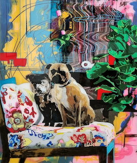 Two dogs on a patterned couch in a room with colorful abstract art and plants