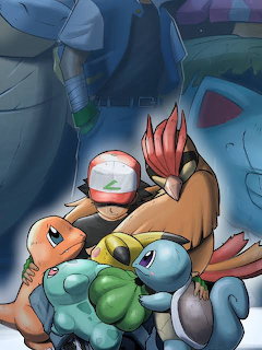 Group of Pokemon starter characters including Charmander, Squirtle, and Bulbasaur in anime illustration style