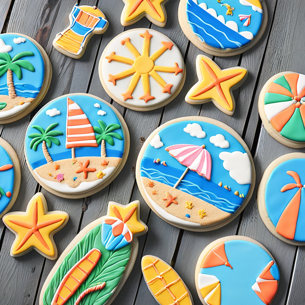 Assorted summer-themed decorated sugar cookies with beach designs including starfish, beach balls, and sailboats