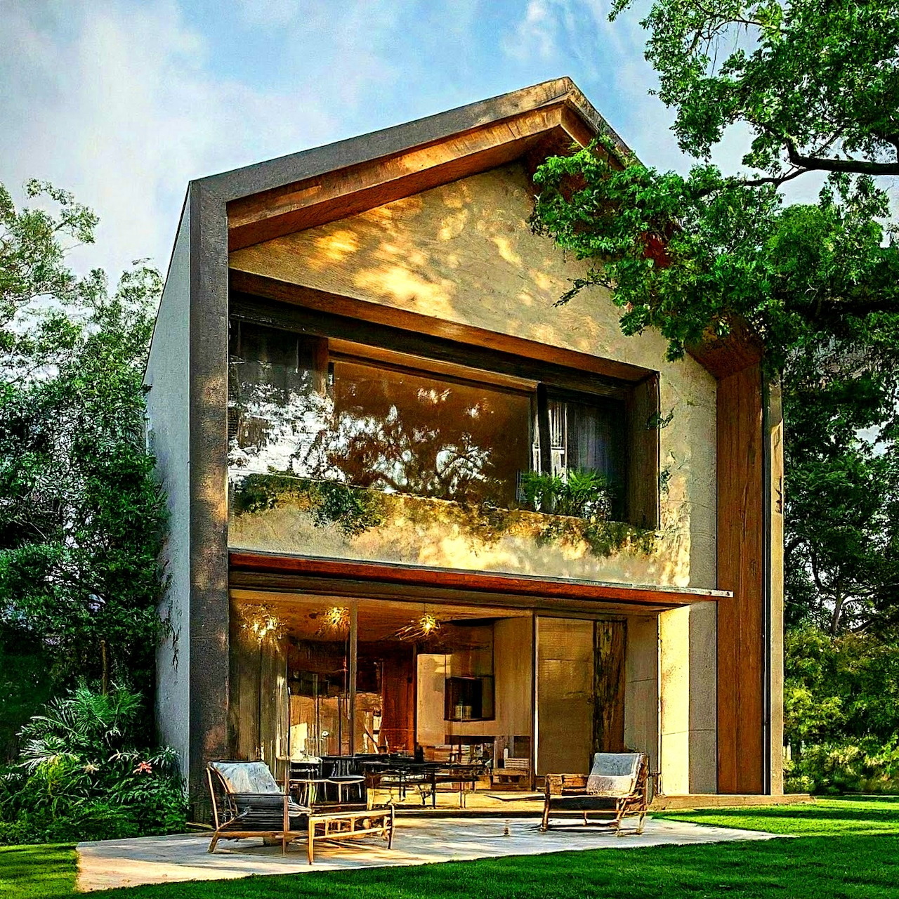 Modern house with glass walls and wooden details in landscaped garden