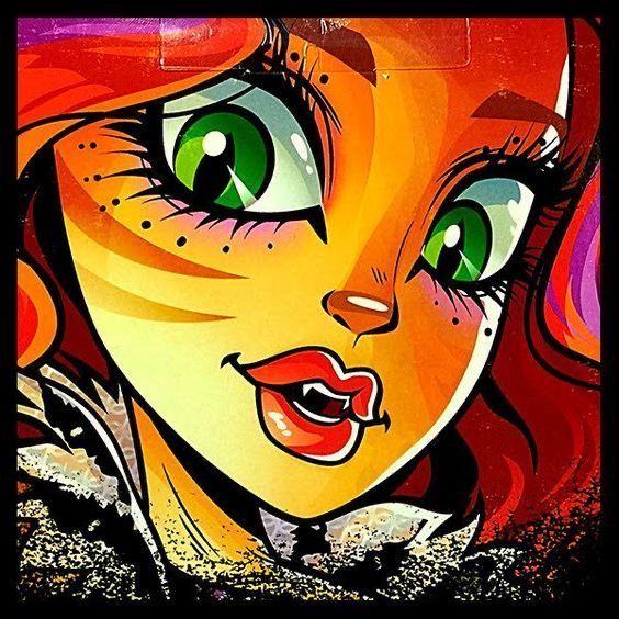 Close-up illustration of Toralei, an orange-skinned character with green cat eyes and red striped hair from Monster High