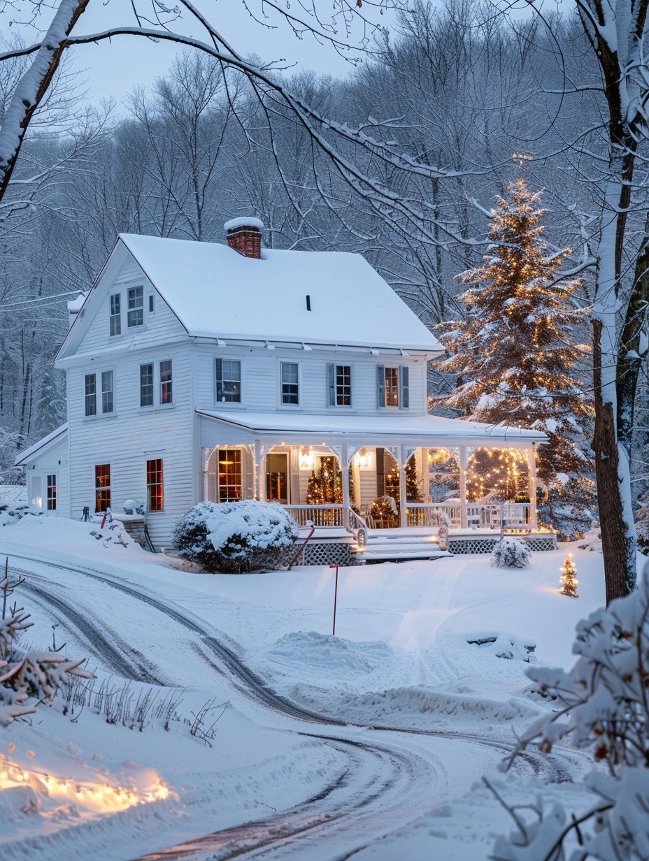 White house with warm lit windows surrounded by snow-covered trees and decorated evergreen at twilight