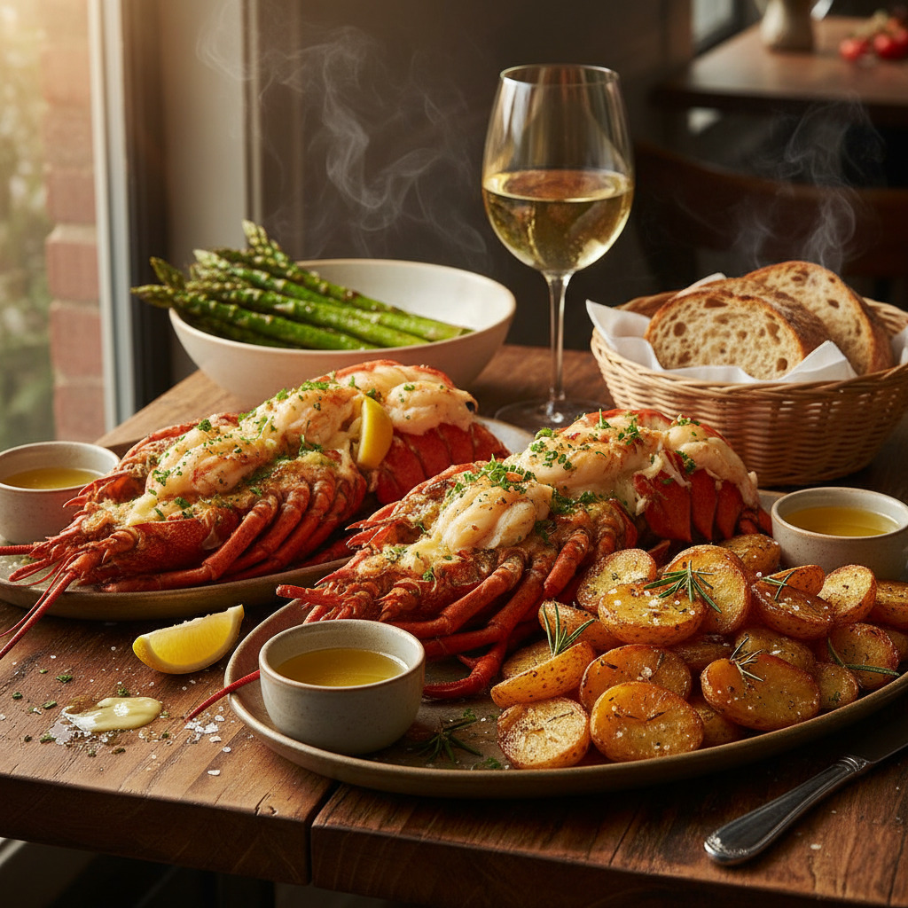 Grilled lobster and shrimp platter with asparagus, bread basket, and white wine glass on wooden table
