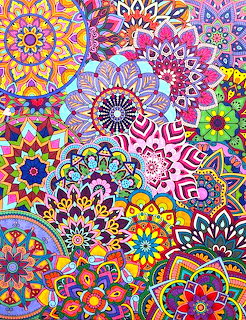 Colorful overlapping mandala patterns with geometric and floral designs in vibrant pink, yellow, orange, and blue