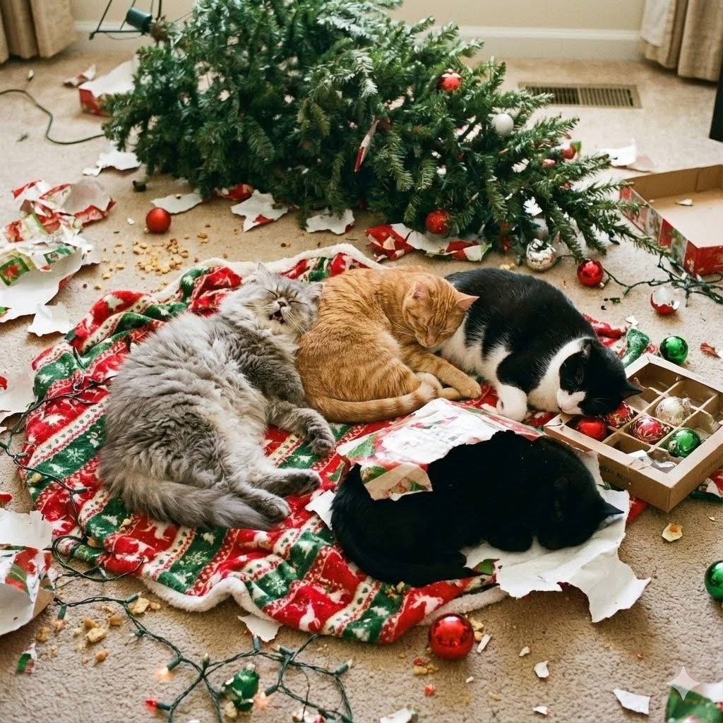 Four cats resting on Christmas blanket under toppled tree with scattered red ornaments