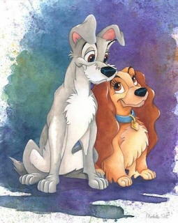 Watercolor painting of white dog and brown cocker spaniel sitting together on blue-purple background