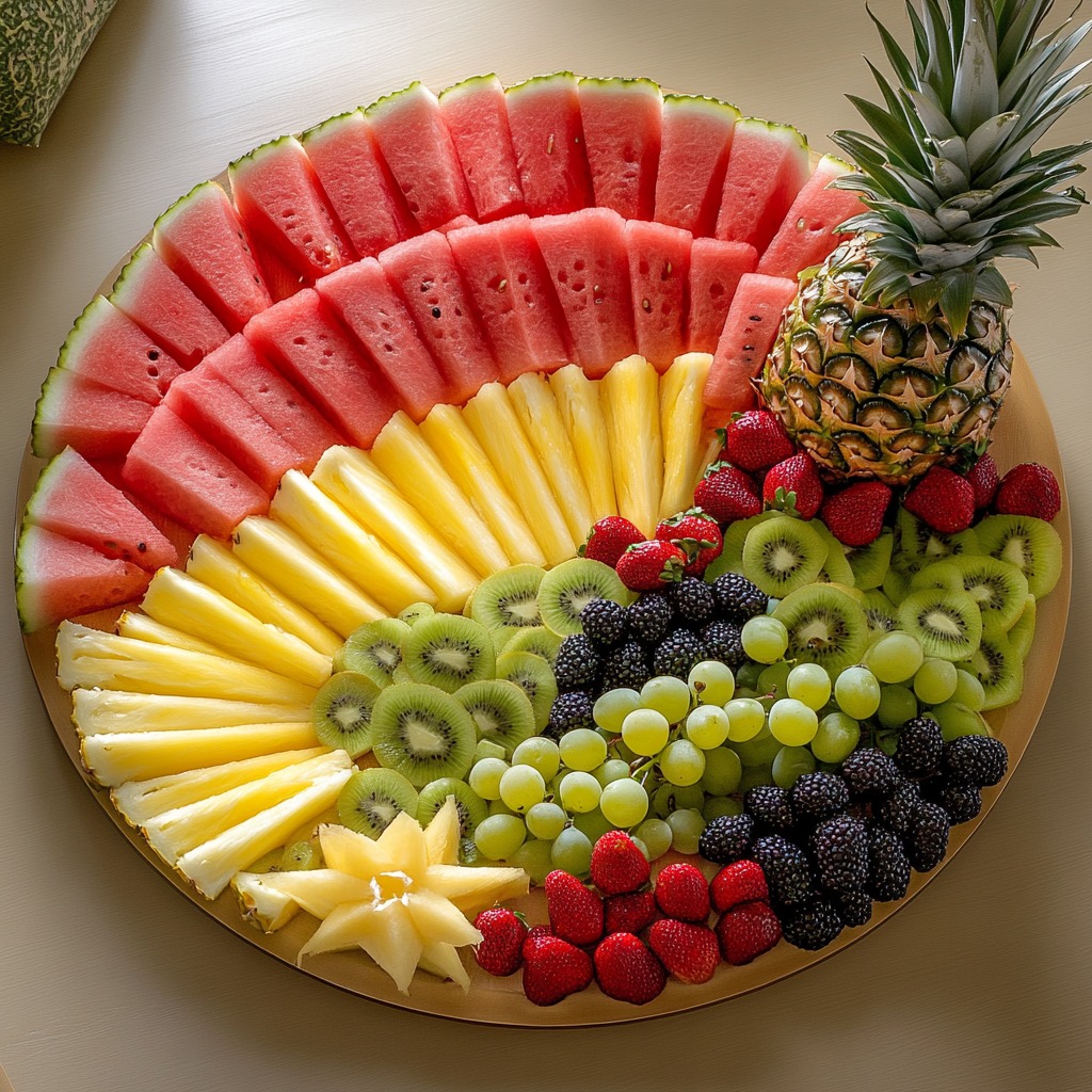 Colorful circular fruit platter with watermelon, pineapple, kiwi, berries, grapes and star fruit arranged in sections